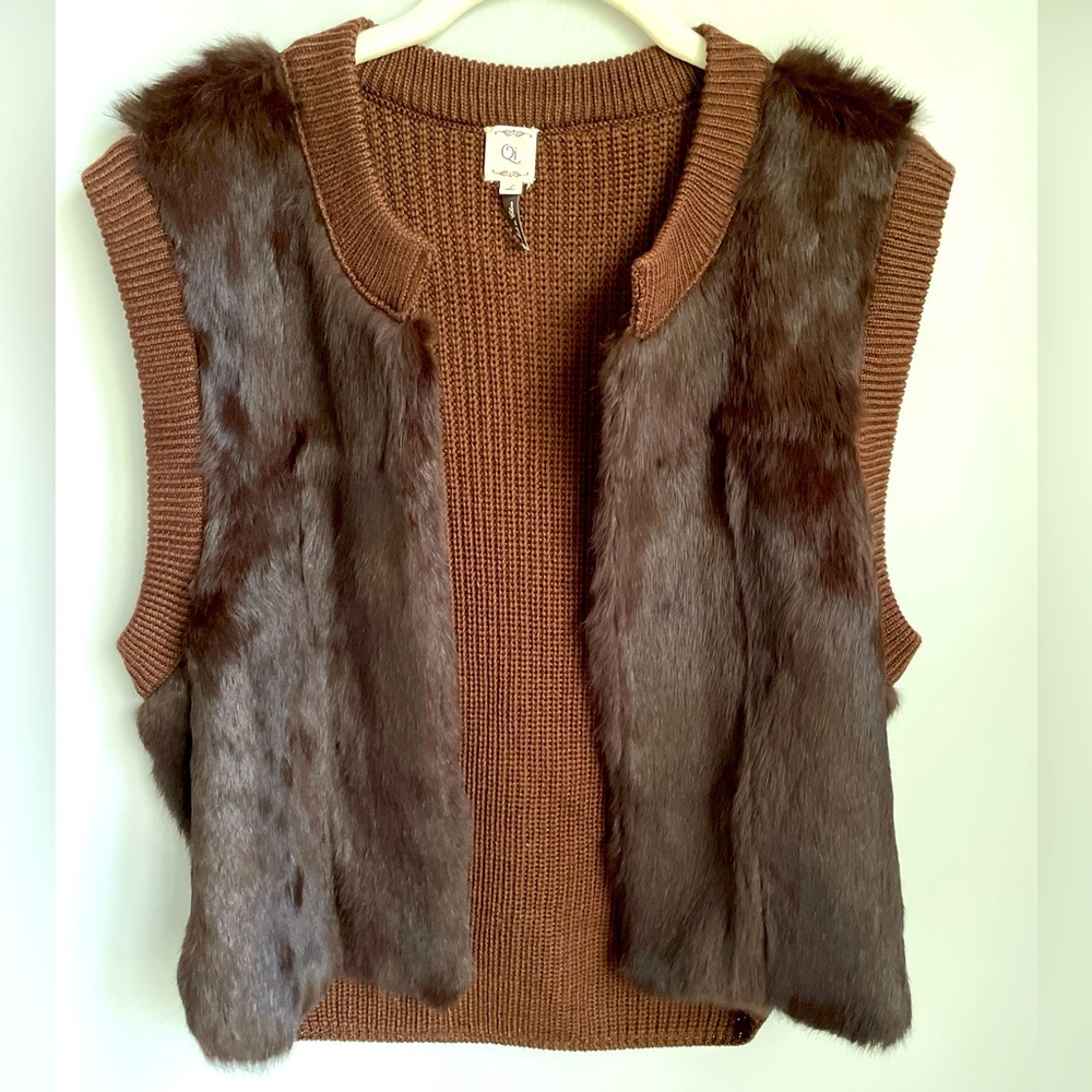 Qi Brown Wool Blend Sweater Vest Rabbit Fur Trim Size Large